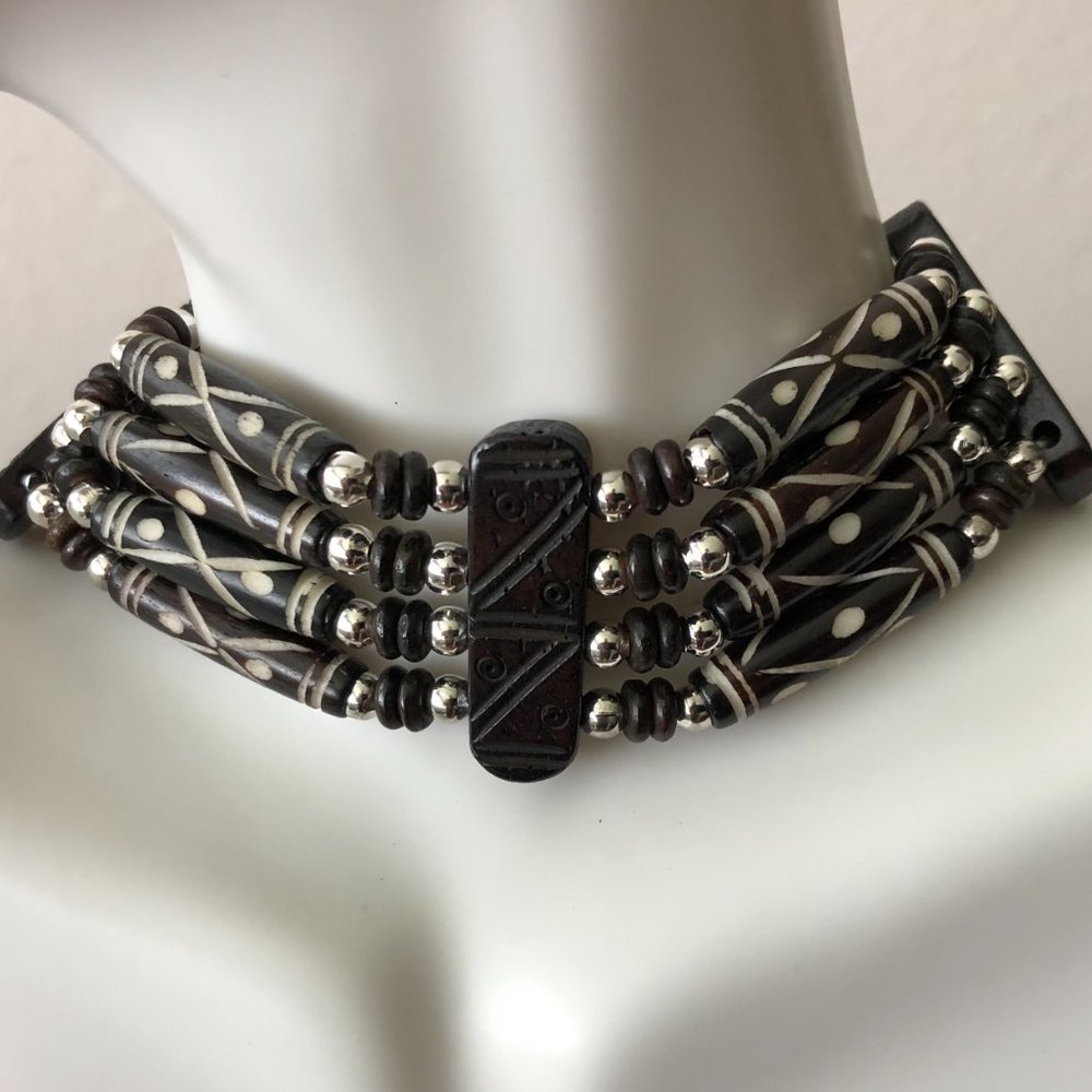 Handmade Traditional Antiqued 4 Row Buffalo Bone Hairpipe Tribal Choker - Picture 2 of 5
